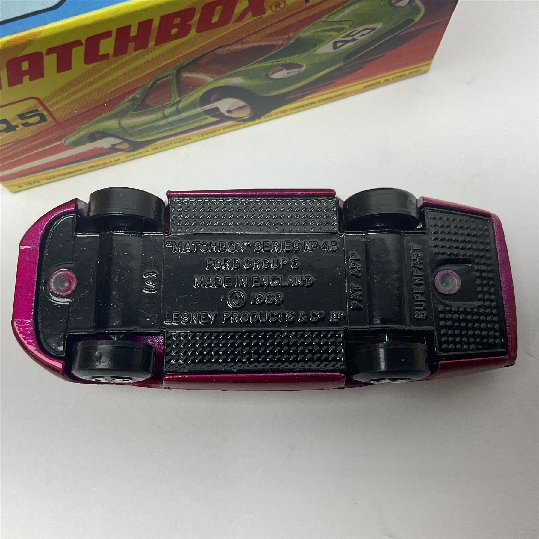 Matchbox 1-75 Series 'Superfast' ex-shop stock - unopened pack of six 22d Freeman Intercity Commuter models; and three others comprising 45c Ford Group 6, 56c BMC 1800 Pinafarina and 65d Saab Sonnet III; all boxed (9)