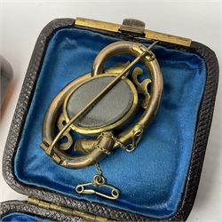 Two 9ct gold cased ladies wristwatches on gilt metal straps, together with two hairwork mourning brooches, a Waltham silver pocket watch and a collection of costume jewellery and coins
