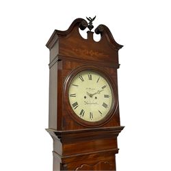 John Morgan of Aberystwyth - fine George IV mahogany 8-day longcase clock c1820, with a raised swan necked pediment, ball and eagle finial and deep inlaid frieze beneath, square hood door with a glazed circular wooden bezel and canted corners, long trunk with reeded quarter columns and a wavy topped door, rectangular plinth on bracket feet, circular painted dial with Roman numerals, minute track, makers name, and brass stamped hands, rack striking four pillar movement with a recoil anchor escapement, striking the hours on a bell. With weights and pendulum. 
John Morgan is recorded as working in Aberystwyth 1816-35. 