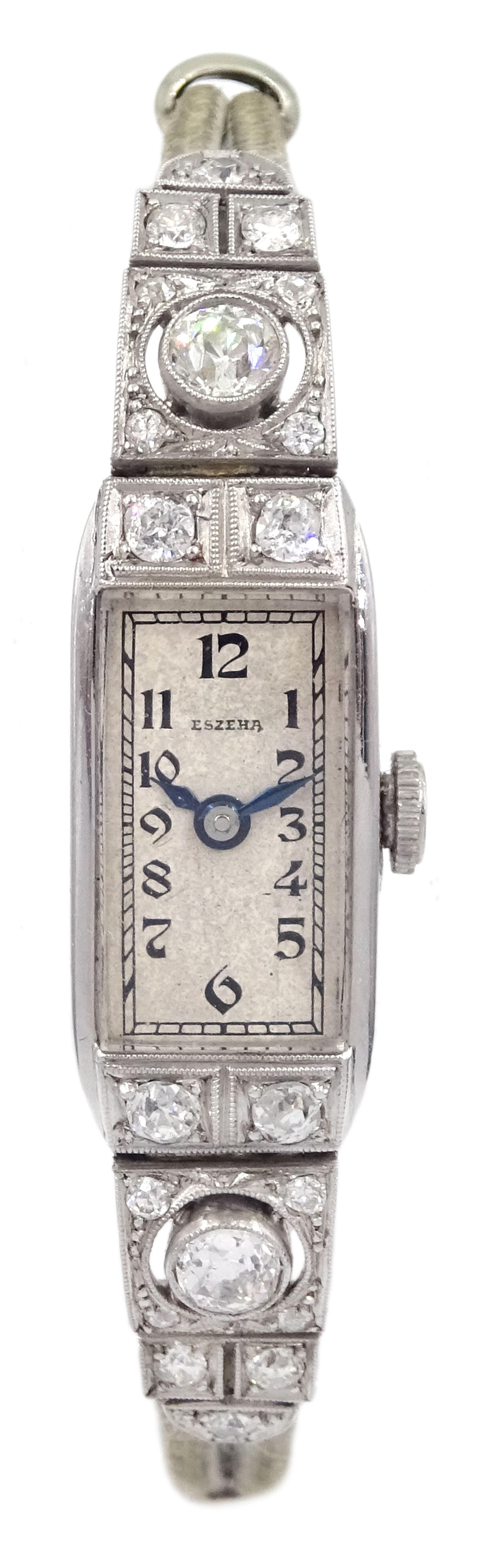Eszeha Art Deco platinum milgrain set diamond manual wind lever wristwatch, stamped PT 950, No. 91982, the two largest diamonds of approx 0.22 carat each, on rope bracelet with 14ct white gold clasp stamped 585, retailed by Gebr.Somme Nachf Hof-Juweliere Sr. Maj.d Kaisers Breslau in original box (ESZEHA is the German name for Karl Scheufele the great grandfather and founder of Chopard in 1904 in Germany)