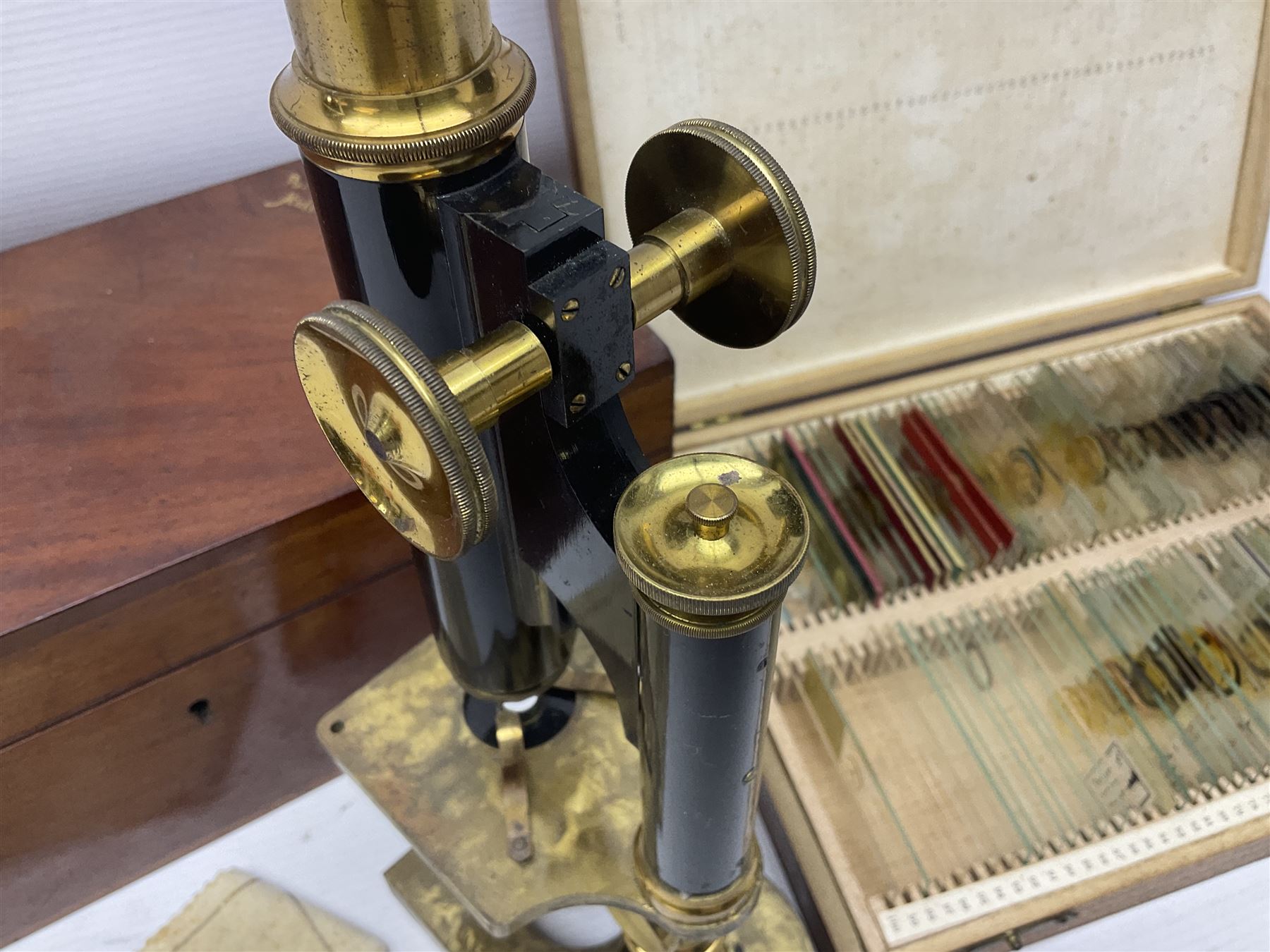 R & J Beck London microscope, model 7597, contained in fitted case, together with a boxed collection of glass microscope biological sample slides