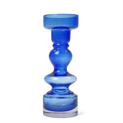 Four art glass vases, including three mid-century Scandinavian glass vases, two olive green examples by Riihimaki probably designed by Tamara Aladin, a blue vase, probably Alstefors, and a George Davidson Brama Luna green bark vase, max H25cm (4)