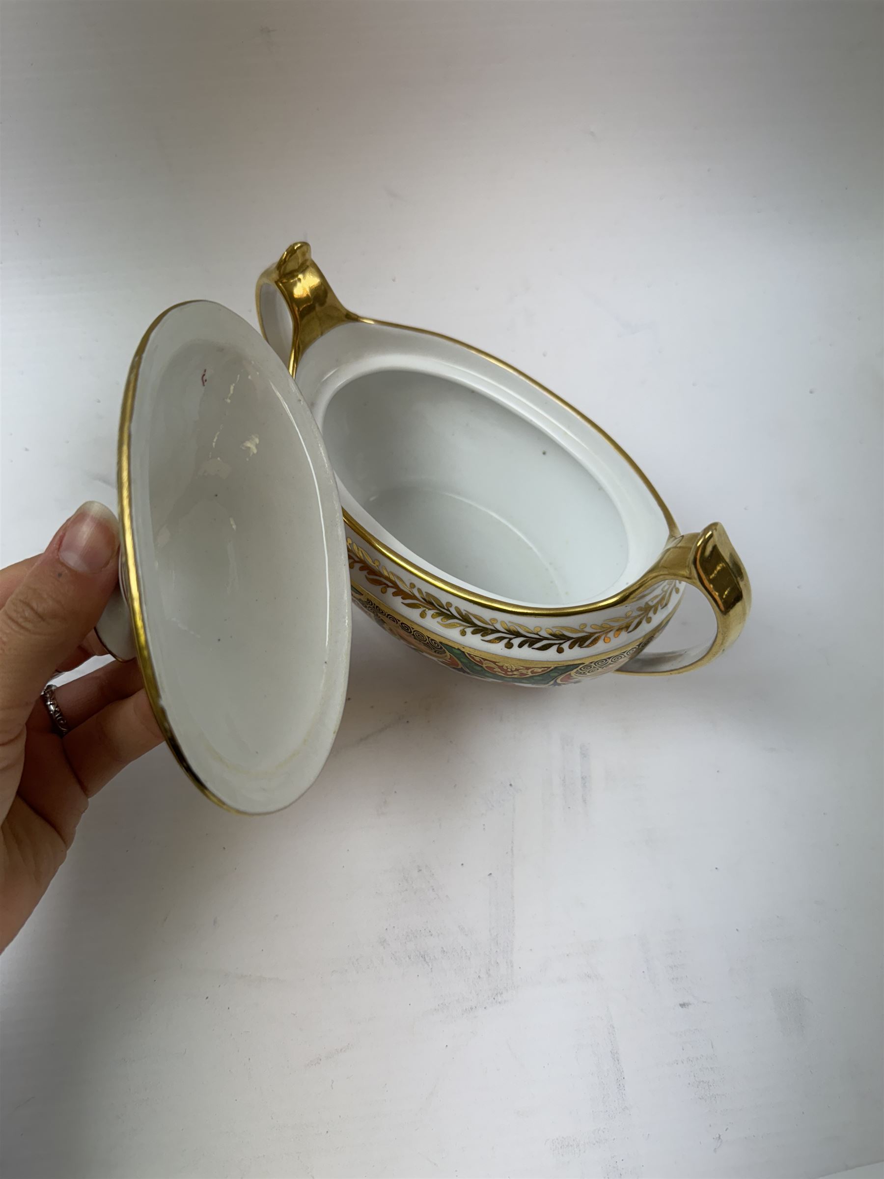 Royal Crown Derby 1128 Old Imari pattern, teacup and saucer, plate with fluted edge and open sucrier, together with spode twin handled sucrier