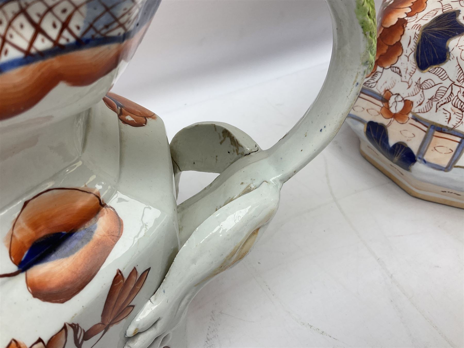 19th century ironstone wash jug and bowl set decorated in the Imari palette, together with two further smaller ironstone jugs similarly decorated, bowl D35cm
