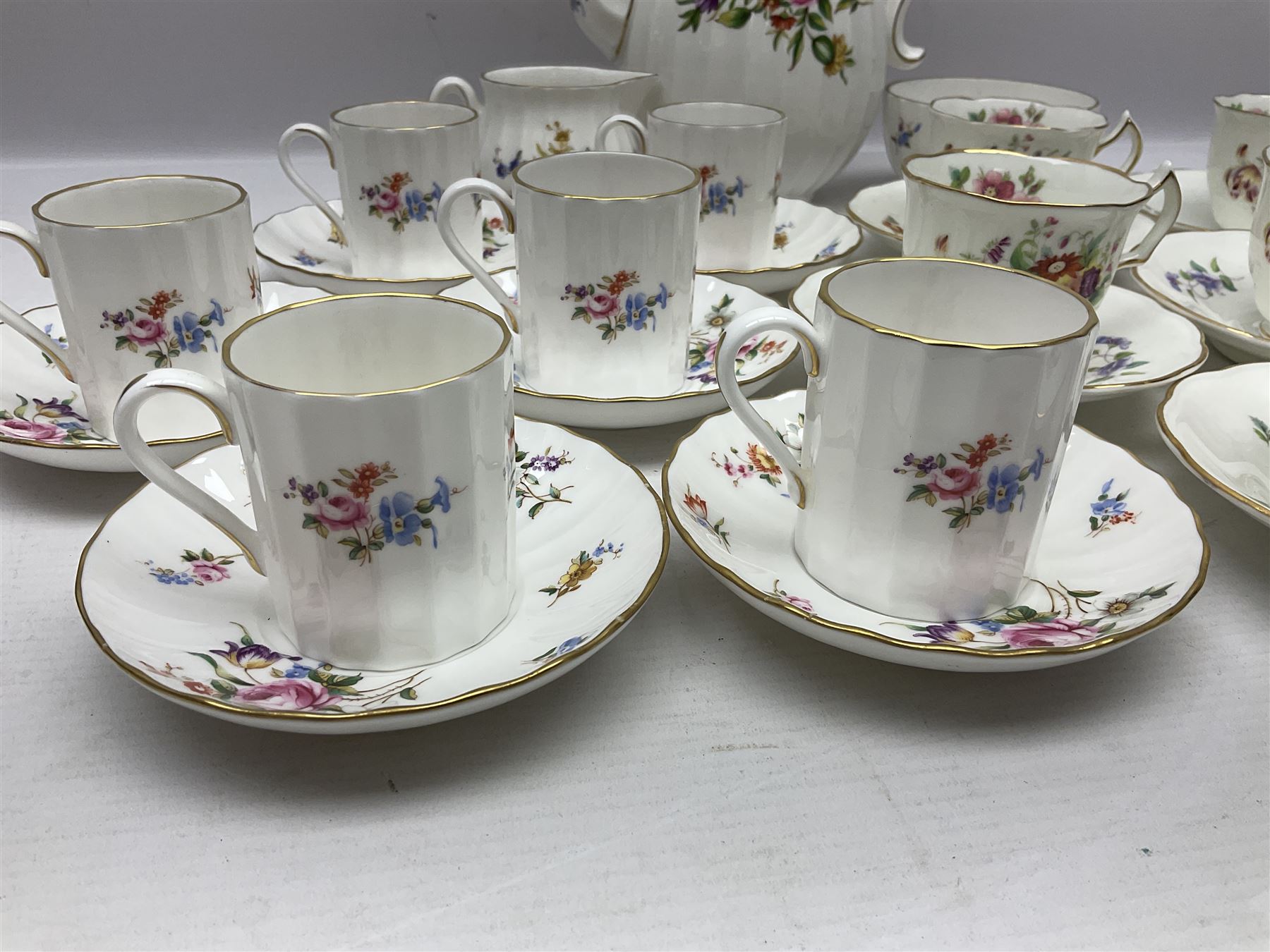 Royal Worcester Roanoke pattern coffee service, including coffee pot, coffee cans and saucers, milk and sugar bowl, together with Coalport Junetime pattern teacups and saucers