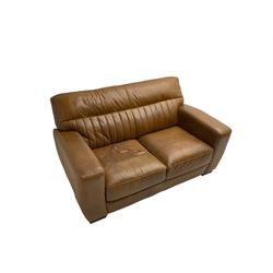 Three seat sofa (W220cm, D95cm, H85cm), and matching two seater (W160cm), upholstered in tan leather