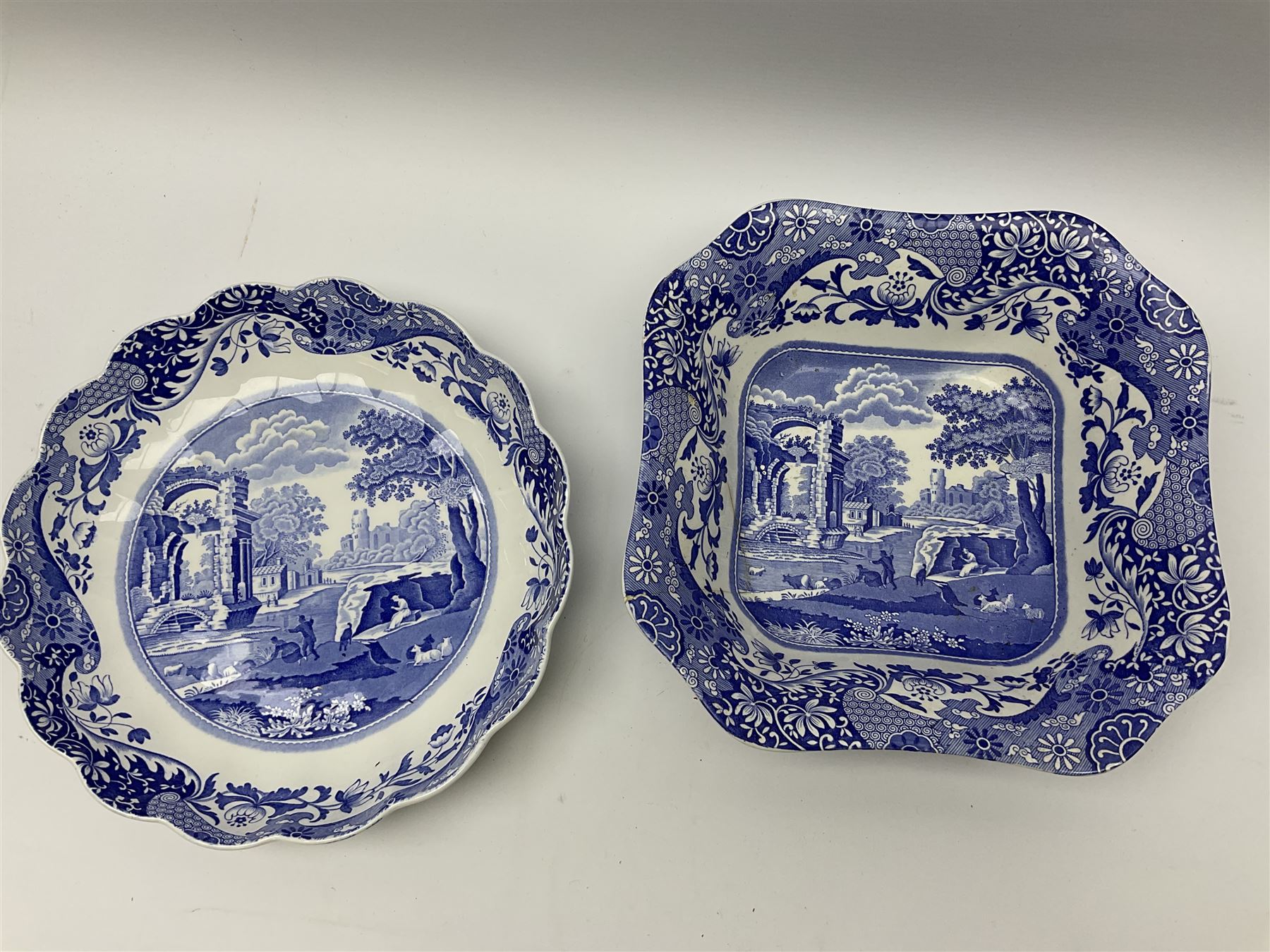 A large Spode blue and white Italian pattern novelty teapot, H33cm, with black printed mark beneath, together with a selection of other Spode blue and white Italian pattern wares. 