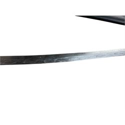 Replica Japanese katana with 63cm curved single edged blade in scabbard, overall L93cm, together with dagger with brass handle in a leather scabbard 