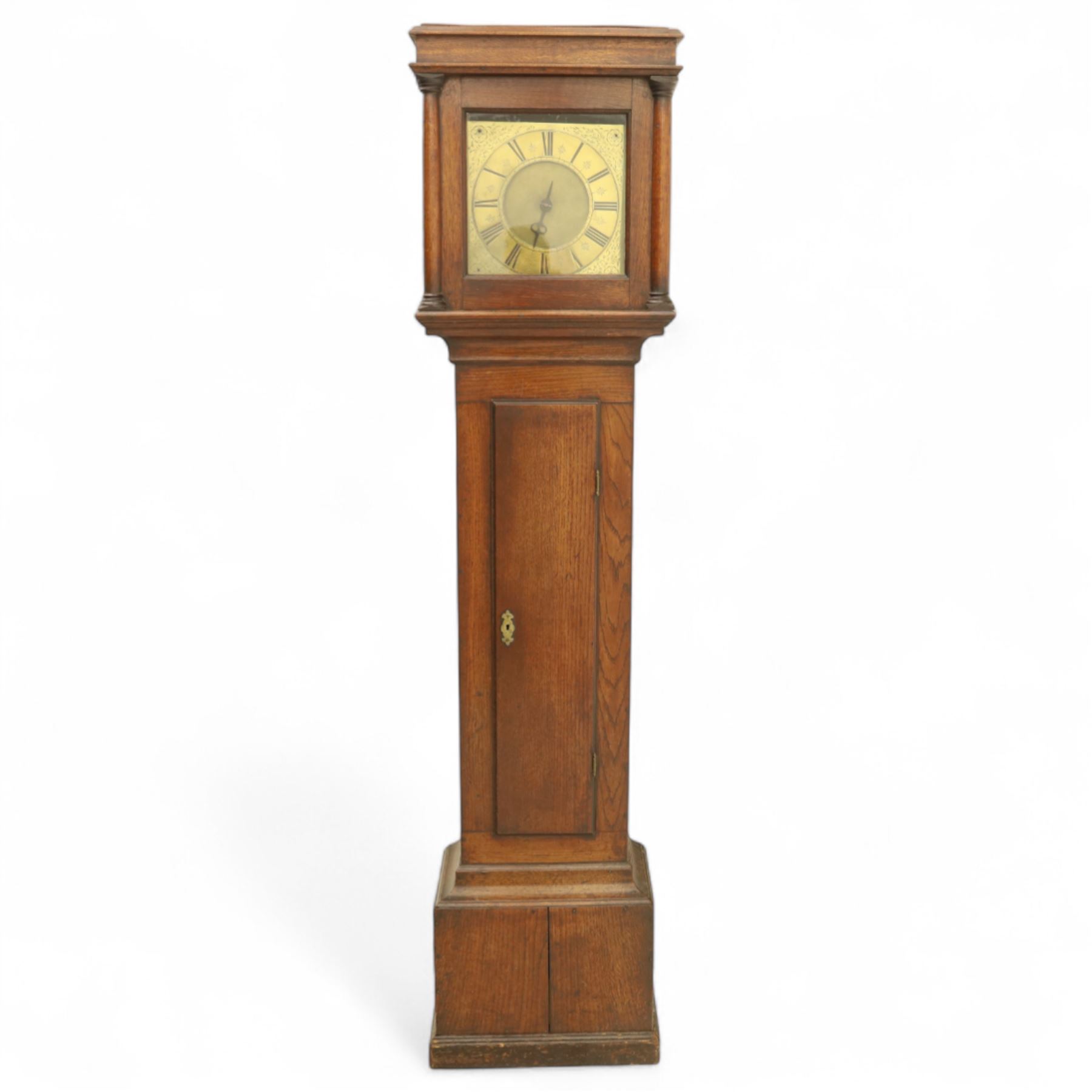 Robert Henderson of Scarborough- early 18th Century 30 hour brass dial longcase clock in an oak case, with a flat top, square hood door and attached pilasters, trunk with a long trunk door on a square plinth with applied skirting, brass dial with a matted centre and engraved Yorkshire white rose spandrels, chapter with Roman numerals, inner quarter hour track, half hour markers and single steel hand, dial pinned to a chain driven outside countwheel striking movement, striking the hours on a bell. With weight and pendulum.
Robert Henderson is the earliest recorded clockmaker in Scarborough. b1678-d1756.