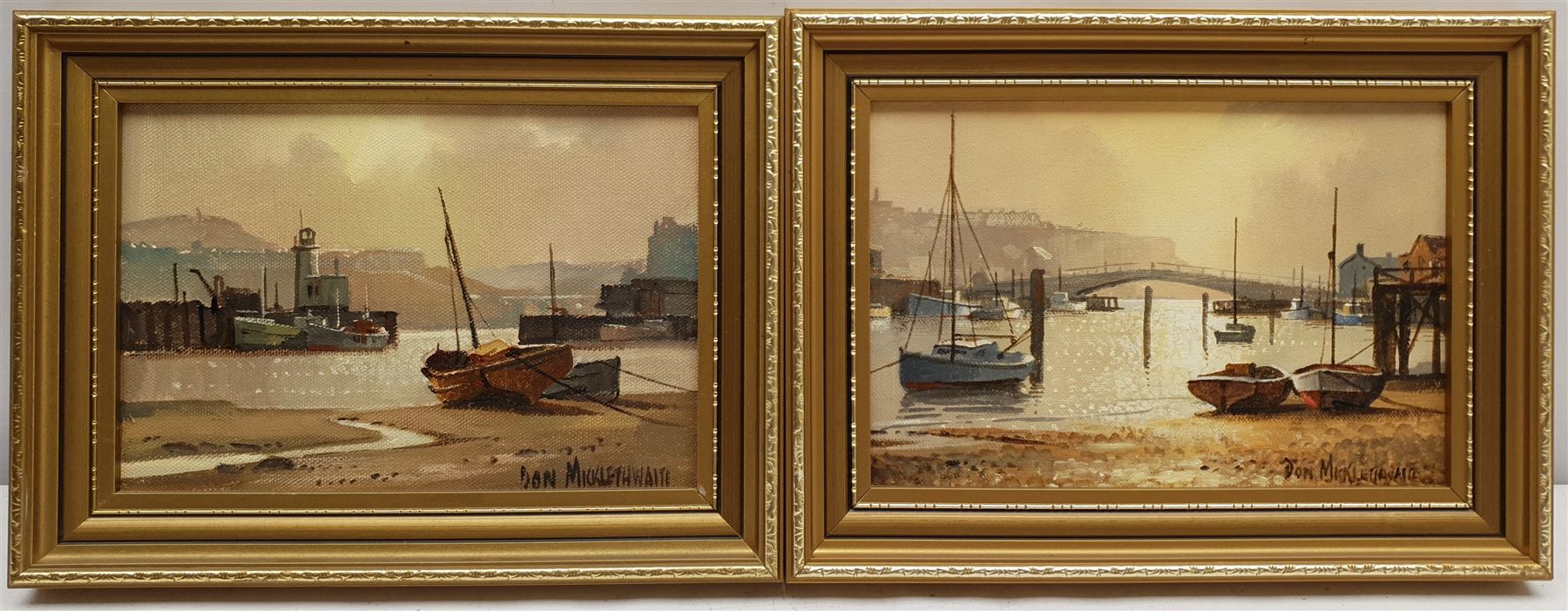 Don Micklethwaite (British 1936-): Scarborough and Whitby Harbours, pair oils on board signed 13cm x 19cm (2)