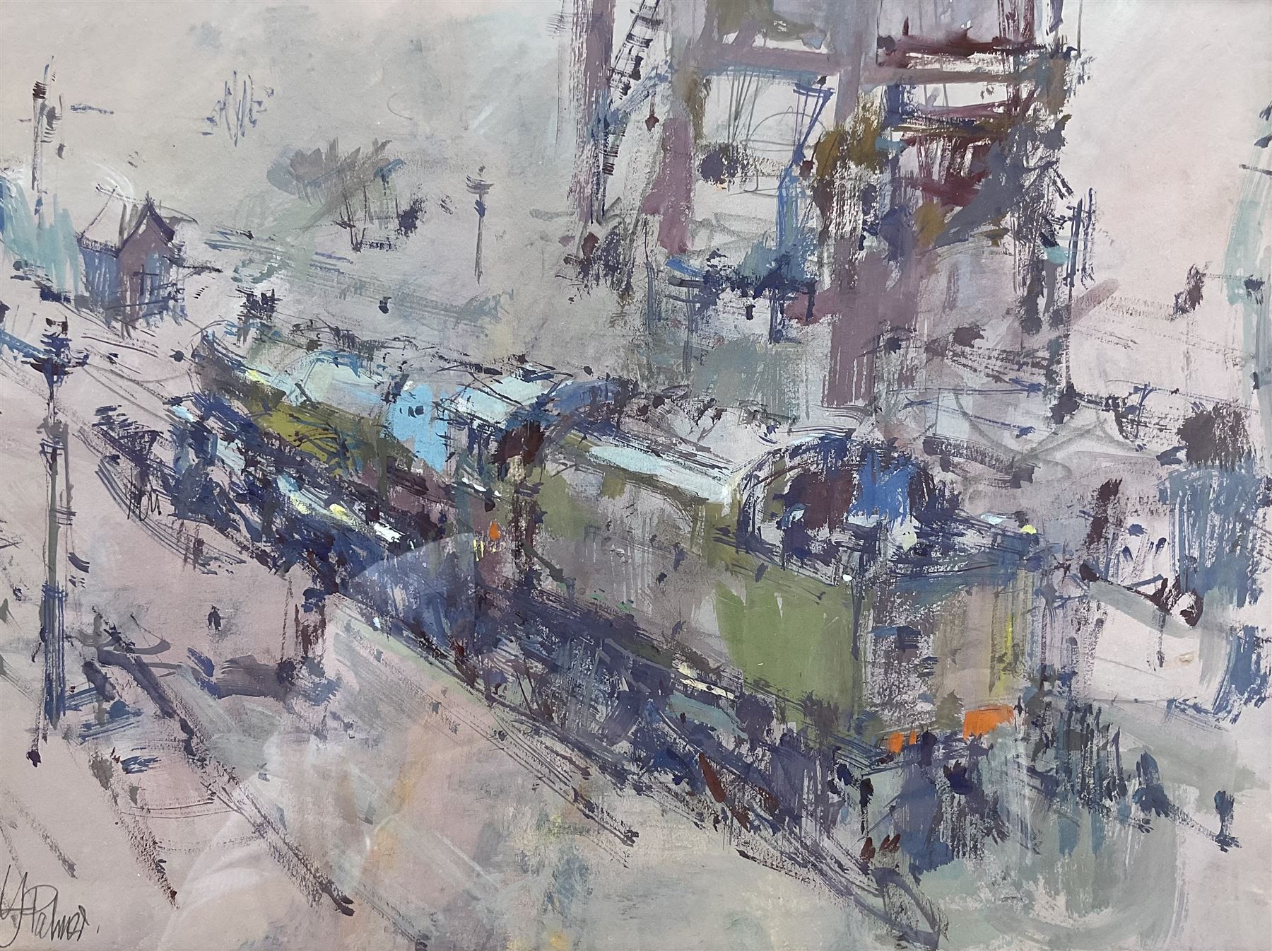 John Palmer RWA (Bristol Savages 1939-2021): 'Operations' - Railway Study, watercolour and gouache signed, titled on label verso 25cm x 34cm