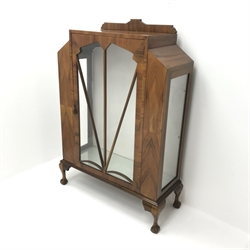 Early-Mid 20th century display cabinet, raised shaped back, single glazed door, cabriole legs on ball and claw feet, W95cm, H130cm, D37cm