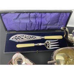 Mother of Pearl handled cutlery, with silver ferrules, comprising six fish knives and forks and six fruit knives and forks, the ferrules hallmarked Yates Brothers, Sheffield 1905, together with silver plated Edwardian three piece tea service and other flatware 