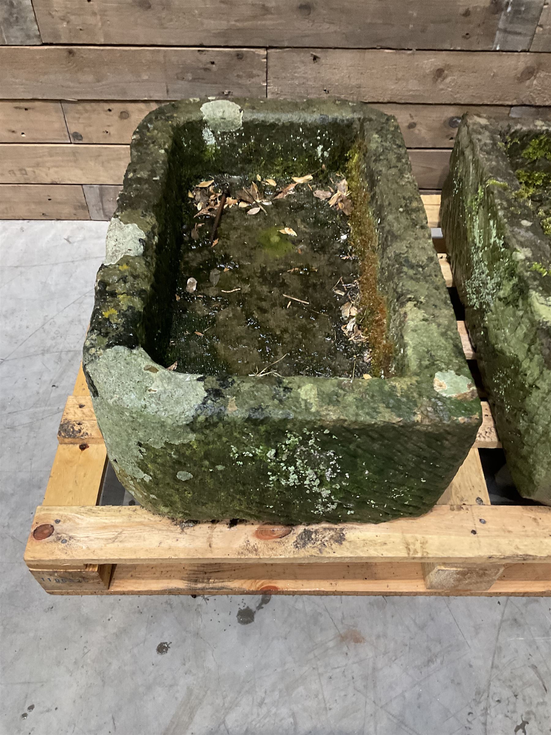 Two 19th century rectangular stone troughs (W72cm, D46cm, H25cm & W70cm, D44cm, H23cm)
