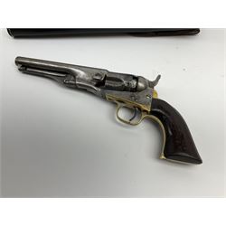 Colt .36 calibre percussion five-shot police pocket revolver, all parts with matching serial no.18334, 14cm barrel marked 'Address Col Saml Colt New York US America' with under barrel swivel rammer, brass trigger guard and backstrap with two-piece wooden grips L28.5cm; with modern bullet maker and leather holster.