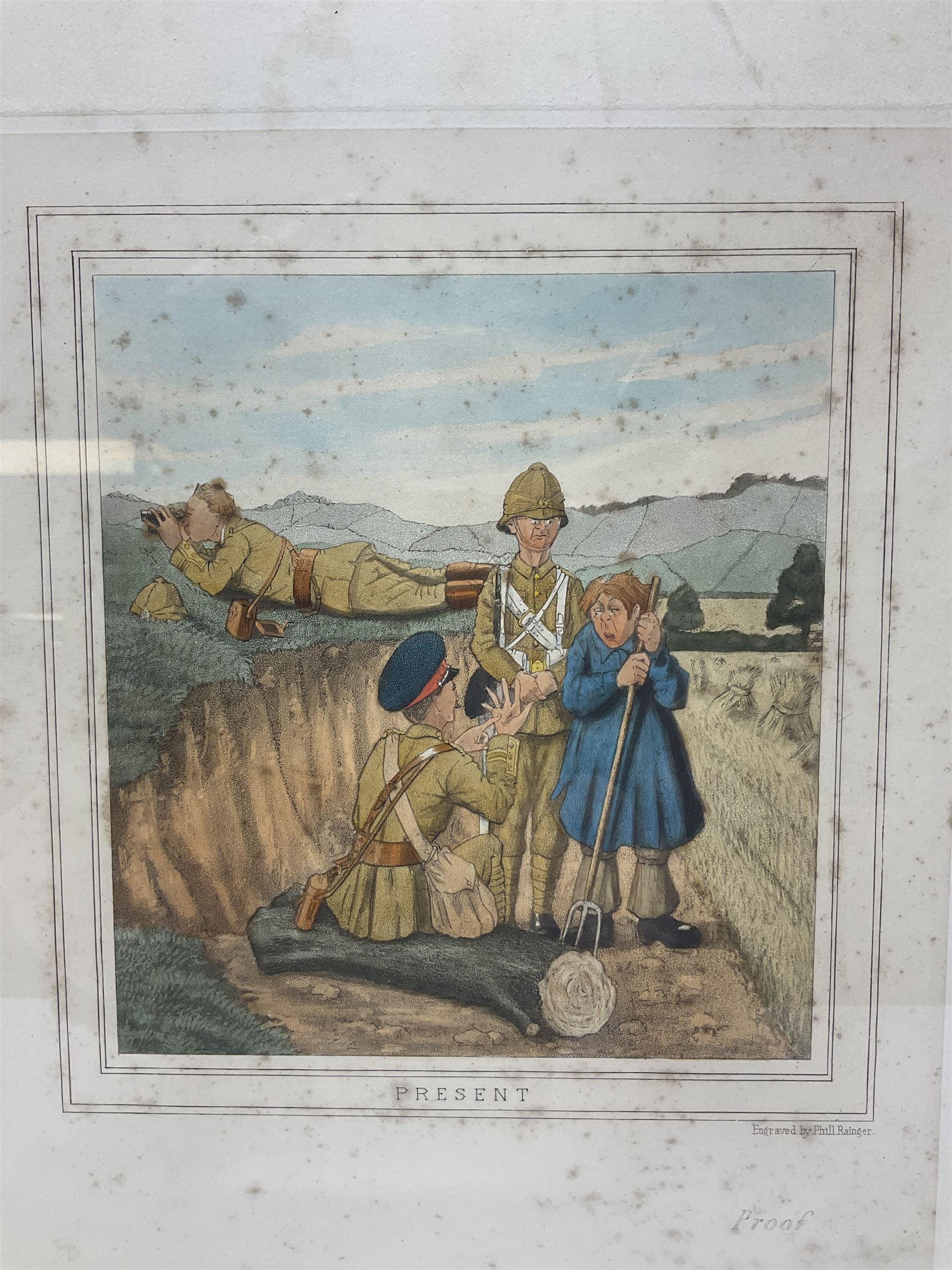 Early 20th century humorous military colour print entitled 'Reconnoitring' depicting three titled images 'Past', 'Presently' and 'Present'; published 1907 and signed on the mount by the artist C.S. Collison 38 x 73cm; Hogarth style frame