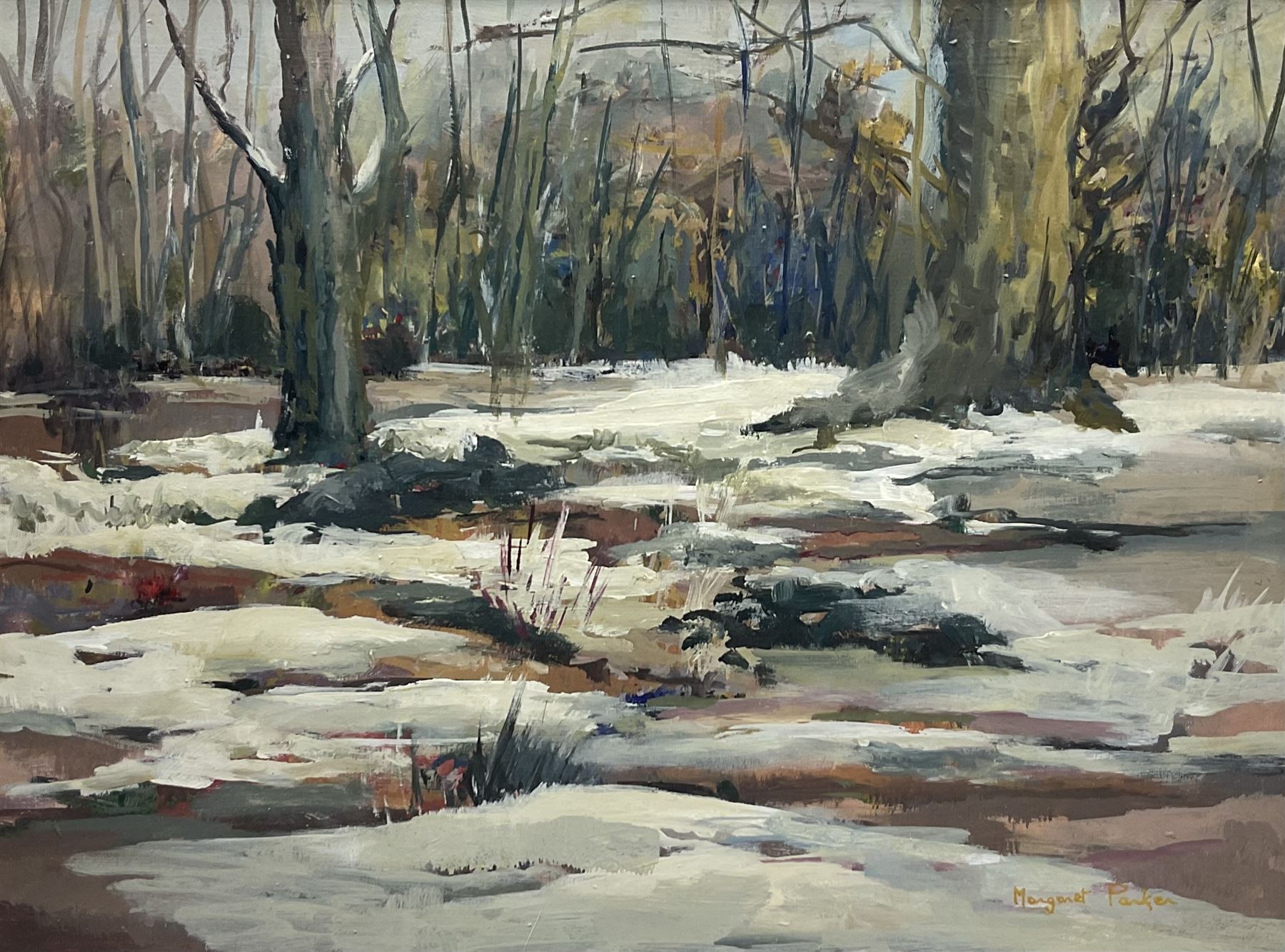 Margaret Parker (Northern British 1925-2012): 'Thaw' oil on board signed, labelled verso 44cm x 59cm