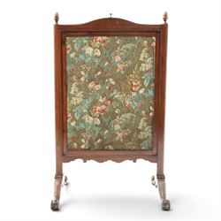 Georgian carved mahogany firescreen, the extending panel with Georgian needlepoint tapestry to one side and Arts & Crafts style machine tapestry to the opposing, on splayed supports with scroll feet