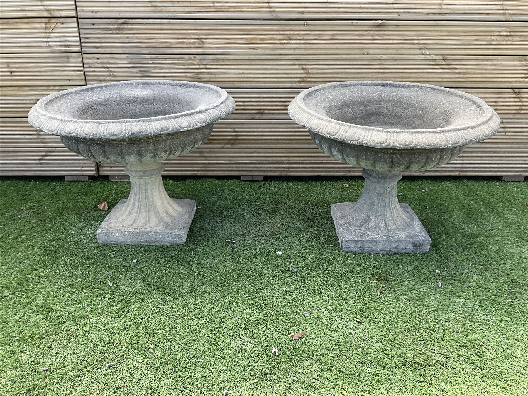 Pair of Victorian design cast stone squat garden urns, egg and dart border, on pedestal base, D60, H45 - THIS LOT IS TO BE COLLECTED BY APPOINTMENT FROM DUGGLEBY STORAGE, GREAT HILL, EASTFIELD, SCARBOROUGH, YO11 3TX