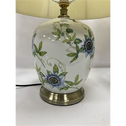 Pair of lamps of baluster form, decorated with passion flowers and humming birds under a crackle glaze, including shade H53cm