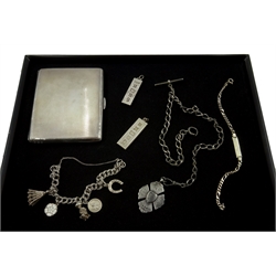  Silver cigarette case, silver watch chain and medal, ingots, bracelets etc all hallmarked approx 7.9oz  