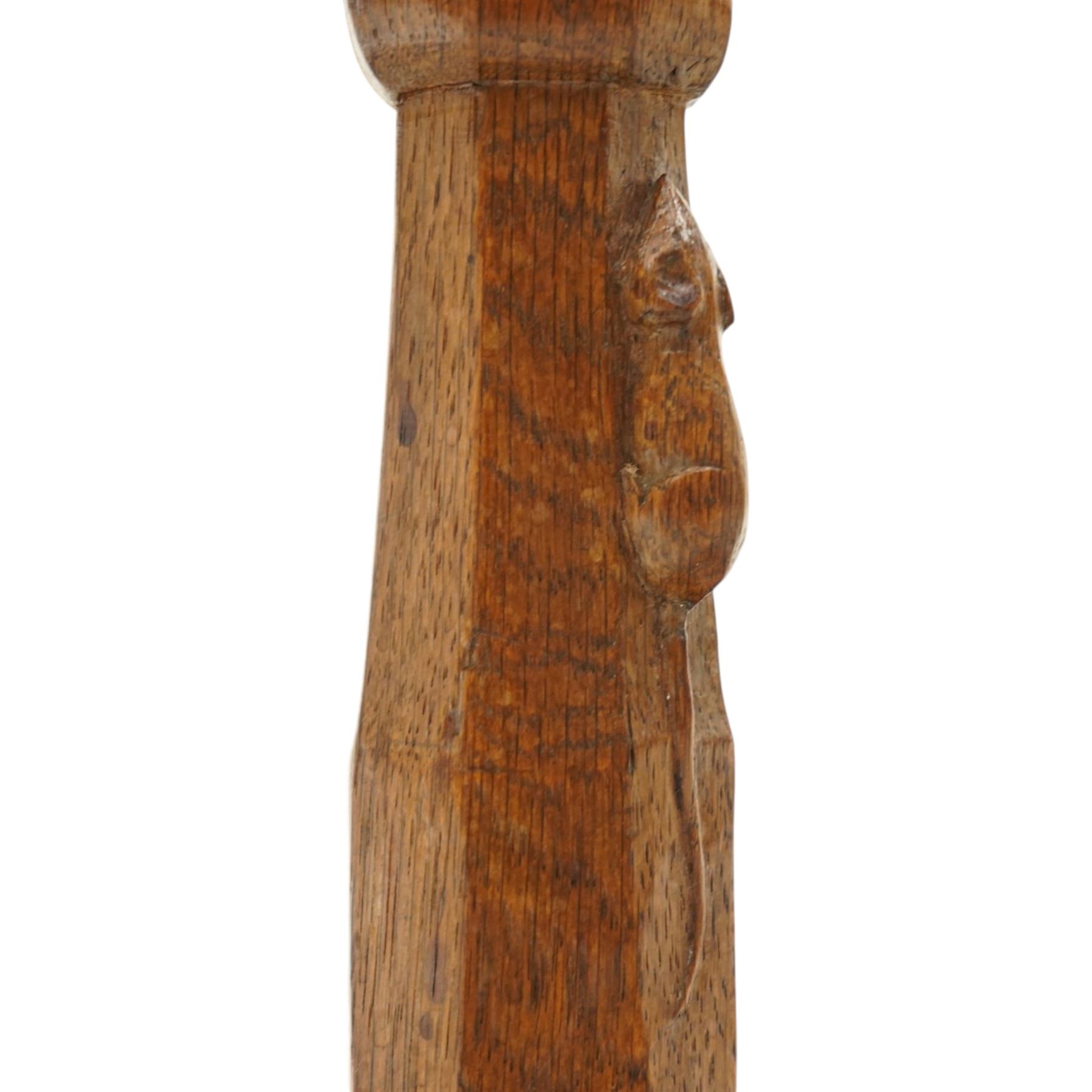 Mouseman - mid-20th century adzed oak joint stool, dished oak seat, on shaped octagonal supports joined by box stretcher, with carved mouse signature, by the workshop of Robert Thompson of Kilburn