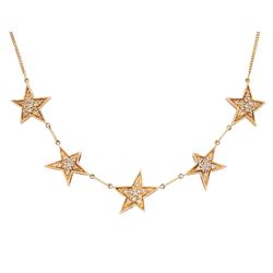 Rose gold round brilliant cut diamond star necklace, five 14ct gold pave set diamond stars...