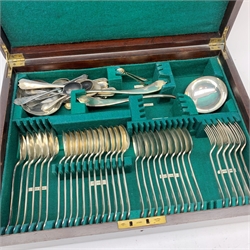 19th/ early 20th century mahogany cased canteen of silver-plated cutlery, initialled M, eight covers, plus extras, contained within a hinged canteen with brass carry handles and lift out tray, L52cm 