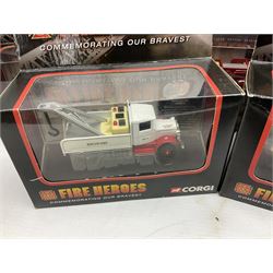 Corgi - eleven fire-fighting vehicles comprising limited edition 54706 E1 Side Mount Washington DC and 54902 E1 75ft Ladder Duncan Fire Department; 97392 Simon/Dennis Hydraulic Platform; 97361 AEC Turntable Ladder;  and seven 'Fire Heroes'; all boxed (11)