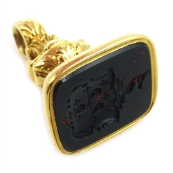  Victorian 18ct gold (tested) bloodstone fob seal with crest  