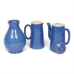 Moorcroft Powder Blue part coffee set, comprising coffee pot, two sucrier, jug, three coffee cans and saucers, together with a vase in the same colourway, together with Adderley tea set in a similar colour way