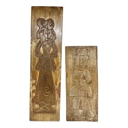 Two 20th century hardwood Dutch folk art Speculaasplank or biscuit moulds, typically carved with figures in traditional dress, largest H101cm