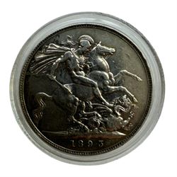 Three Queen Victoria silver crown coins, dated 1845, 1889 and 1893, housed in a case as 'The Queen Victoria Silver Crown Collection' with Westminster certificate