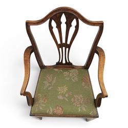 Early 20th century George III design mahogany open armchair, shaped cresting rail with pierced vase-form splat, curved open arms, stuff-over seat upholstered in green floral fabric, on square section supports