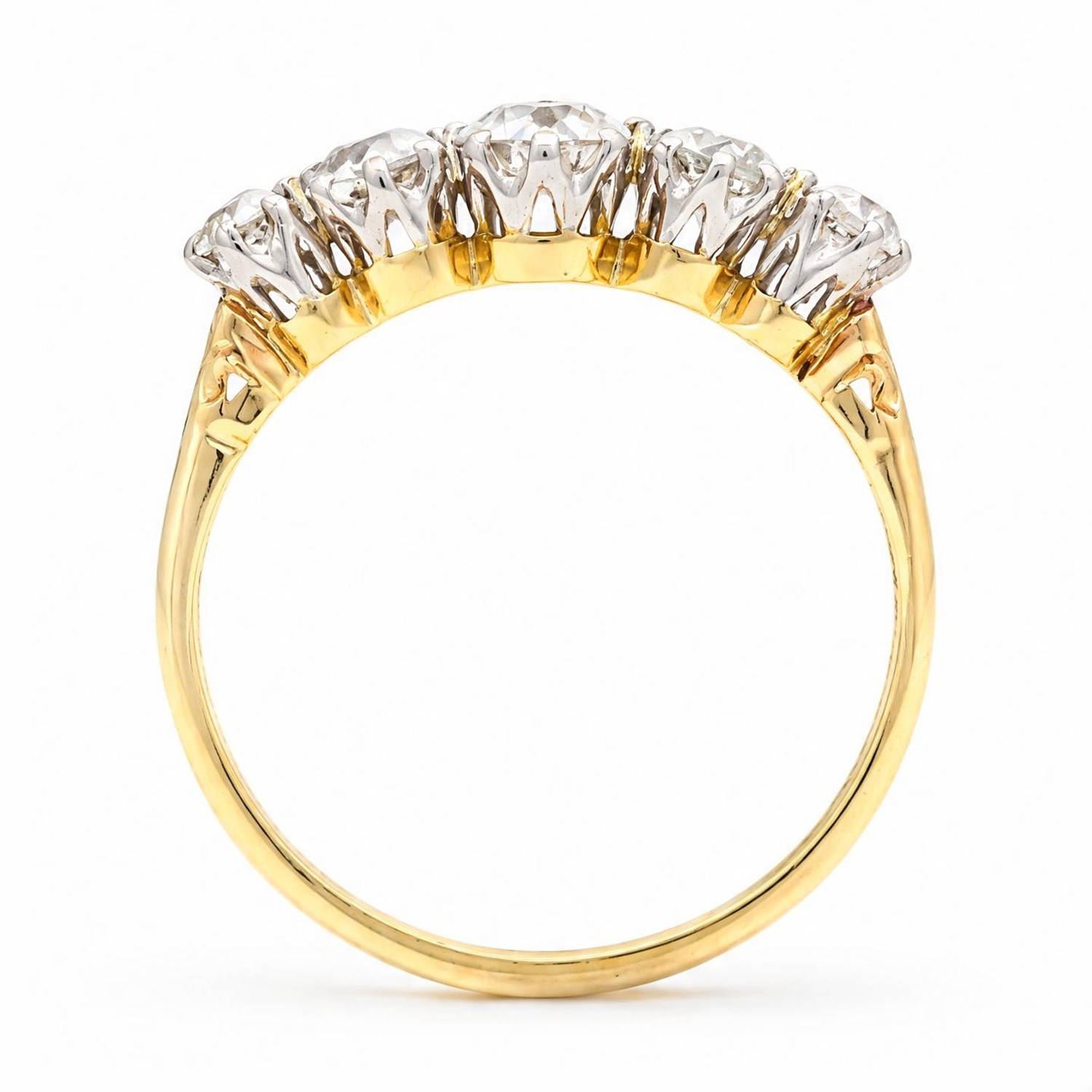 Gold diamond ring, set with five graduating old cut diamonds, stamped 18ct, total diamond weight approx 0.90 carat