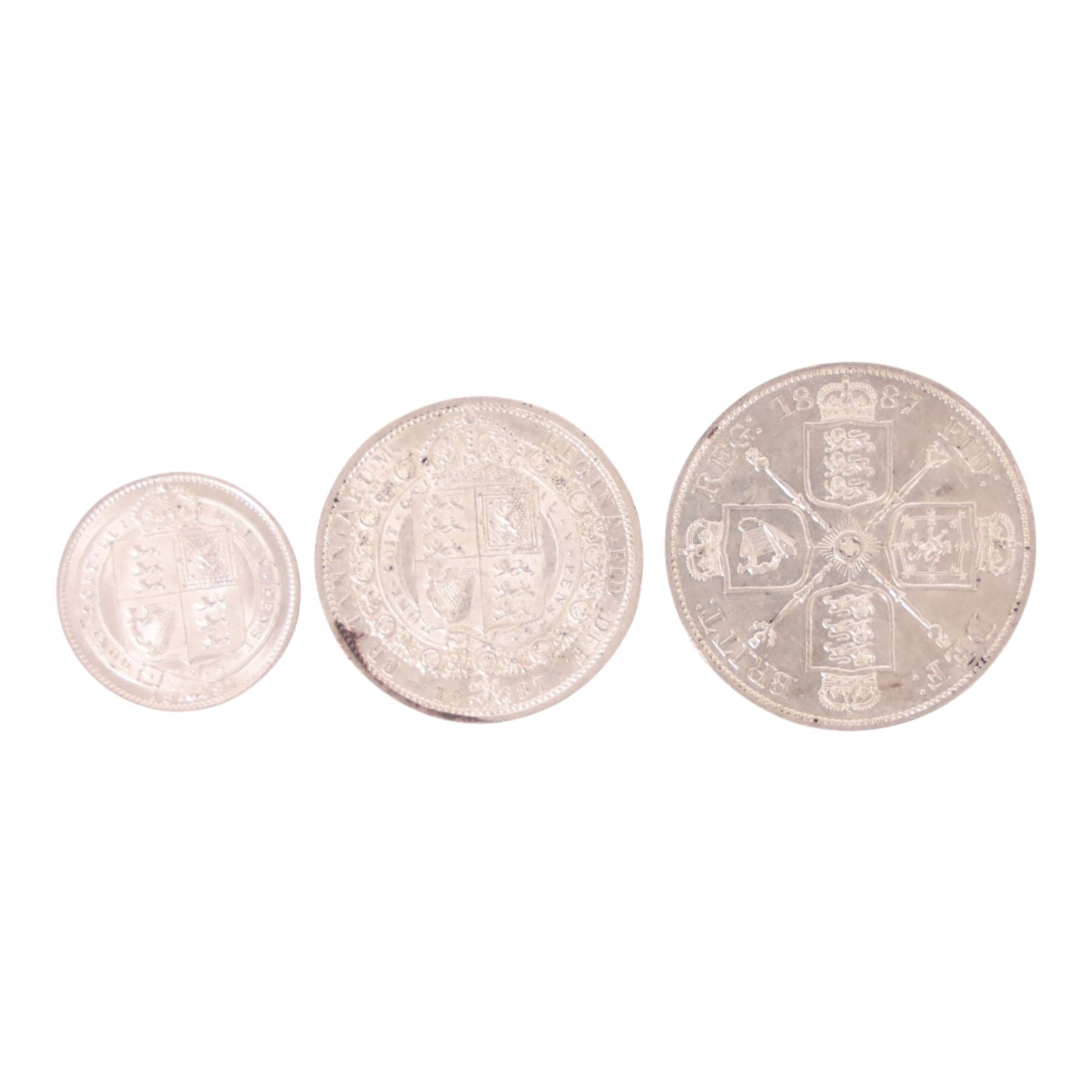 Queen Victoria 1887 silver double florin, half crown, and shilling coins (3)