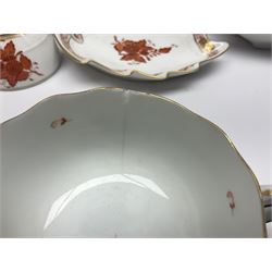 Herend Chinese Bouquet Rose pattern tea service comprising teapot, coffee pot, open sucrier, six cups and saucers, six tea plates, cream jug and stand, milk jug, two teabag holders, preserve pot, two leaf shaped dishes, four egg cups, salt & pepper pots, pair side plates and another plate