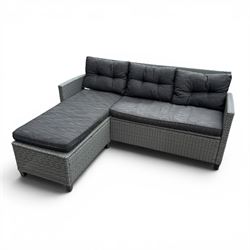 Jutlandia - Rattan garden furniture set with cushions, corner sofa, rectangular glass top table, side table, and two armchairs