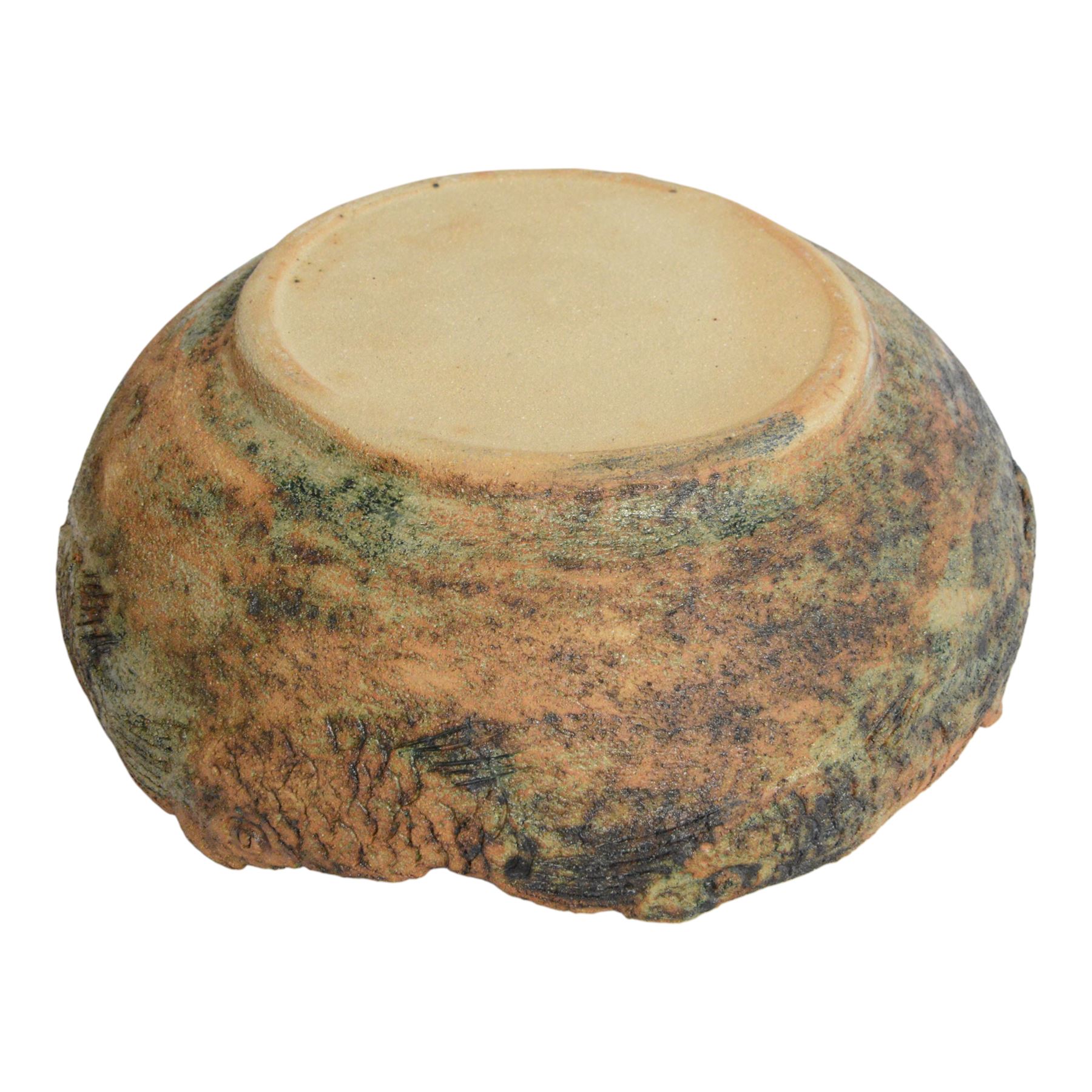 Studio pottery bowl, textured bowl with fish to the rim, with indistinct potters mark to base, H14cm, 38cm