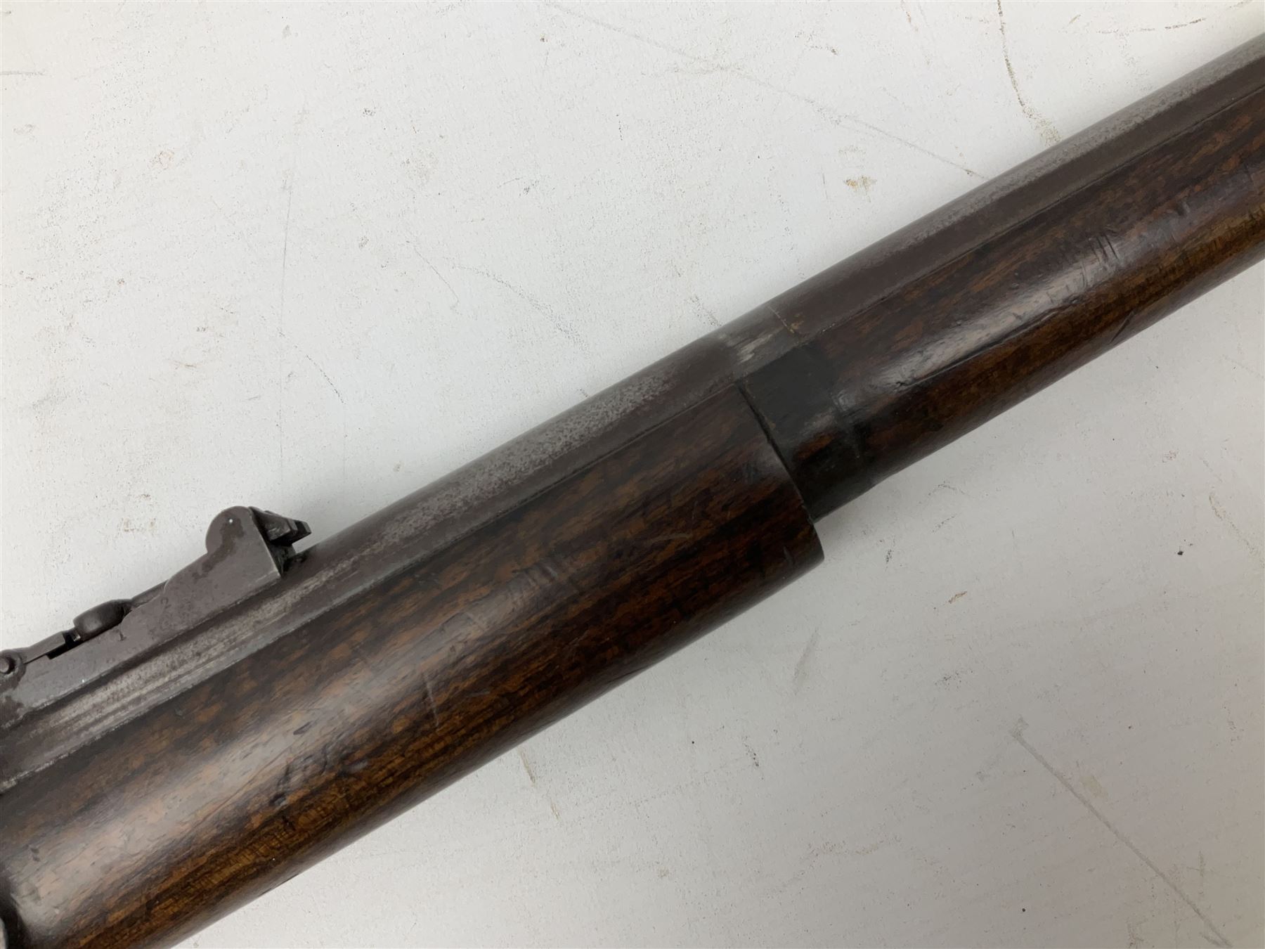 19th century D. & J. Fraser Edinburgh .577 Snider action gun, the 94cm barrel with three-groove rifling, three barrel bands and maker's name to top, full walnut stock with brass fittings, trigger guard inscribed J.D.M.,  L141cm