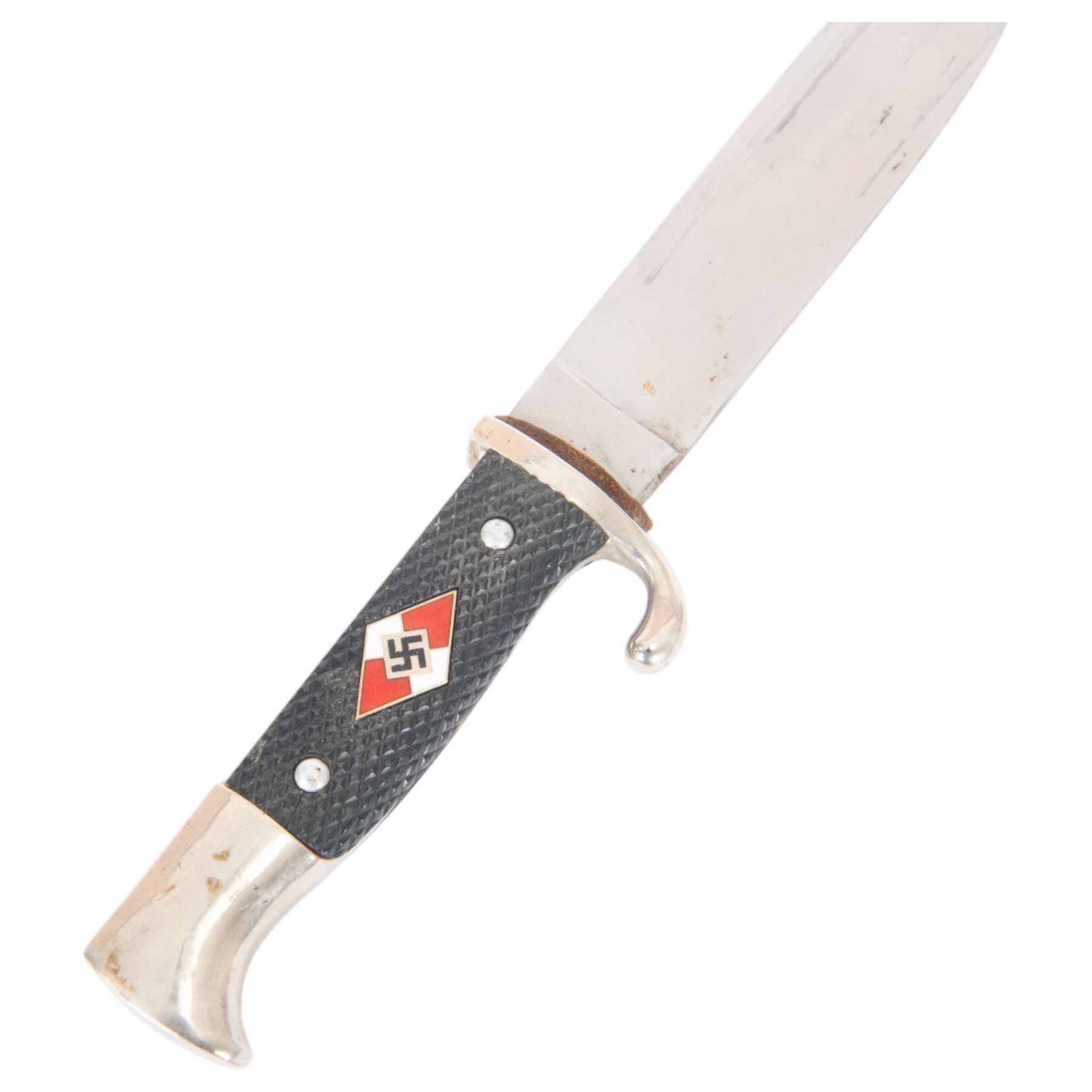 German Third Reich Hitler Youth style dagger, the 14cm blade with indistinct mark to the riccaso, with scabbard and leather, overall L25cm