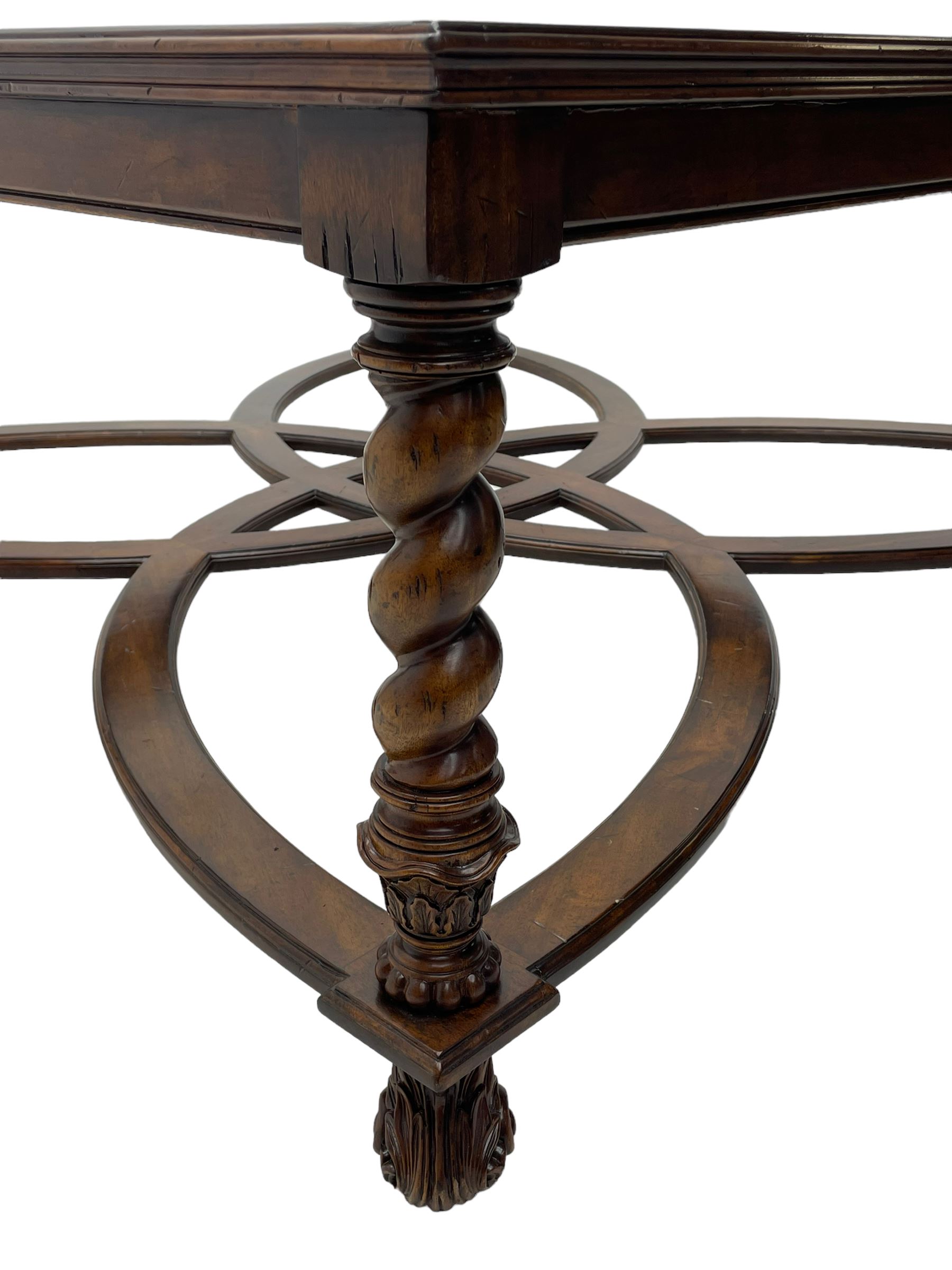 Jonathan Charles - large mahogany coffee table, the square oyster veneered top with verre églomisé inset, the glass hand-painted with gilt scrolling foliate patterns, raised on spiral turned supports with acanthus and gadroon carvings, united by interlocking demi-lune stretchers, on scrolled acanthus feet