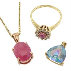 9ct gold single stone ruby pendant necklace, gold mystic topaz pendant and a pink stone set and diamond cluster ring, hallmarked or tested