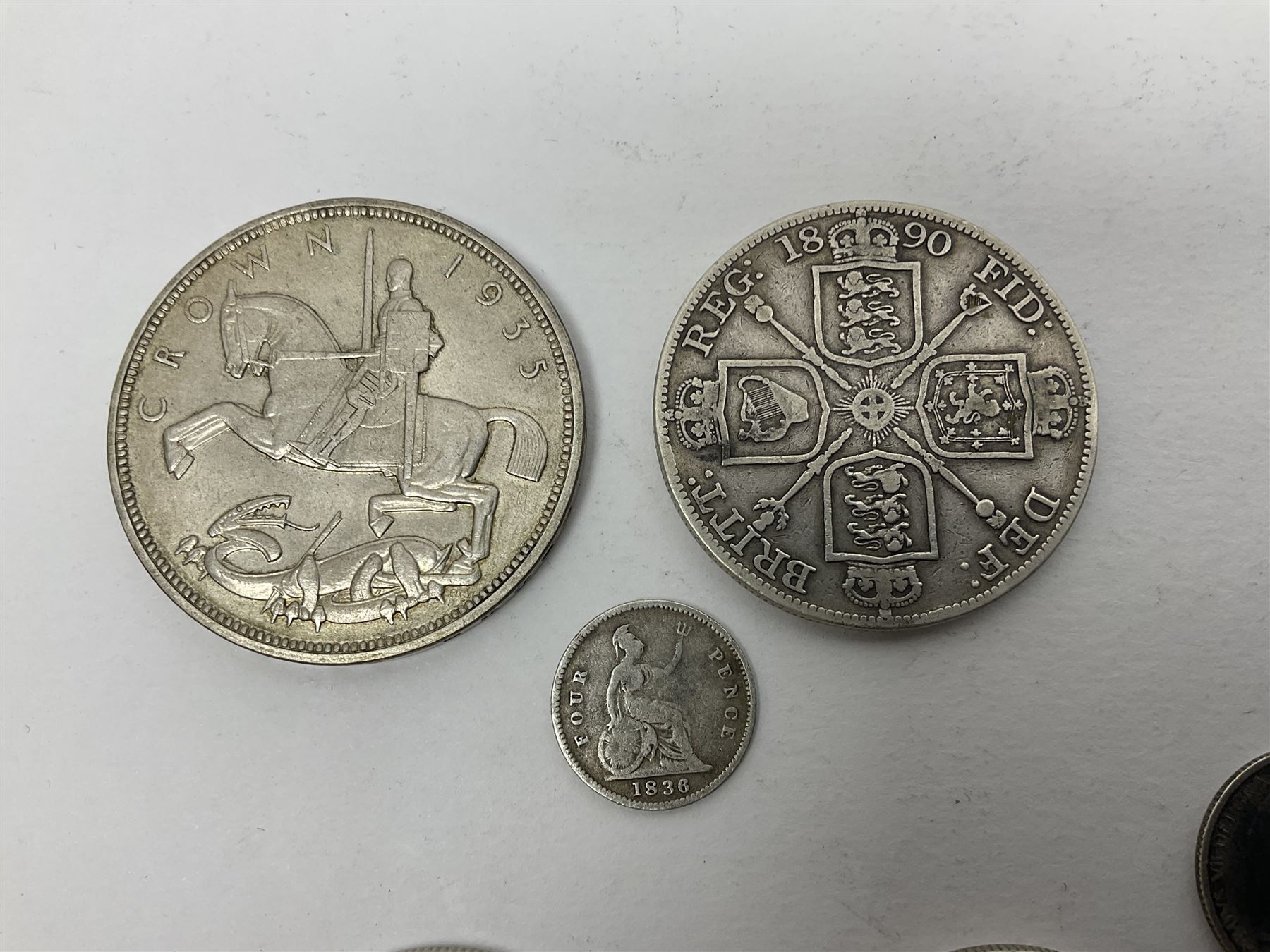 William IIII 1836 fourpence coin, Queen Victoria 1890 double florin, King Edward VII 1904 sixpence, approximately 370 grams of Great British pre 1947 silver coins including King George V 1935 crown and two Queen Elizabeth II Australia 1966 silver fifty cent coins 