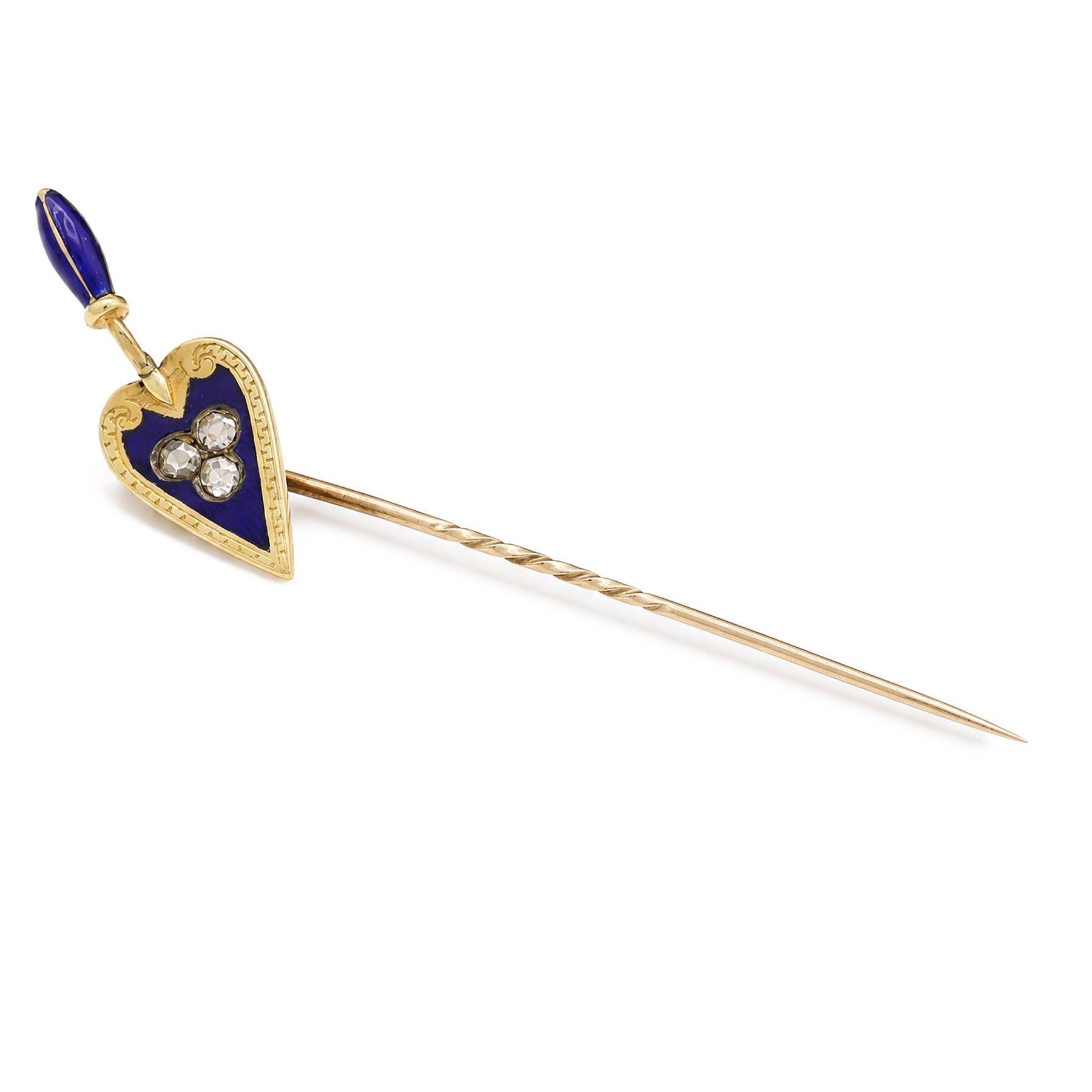 19th / early 20th century diamond trowel stick pin, set with three rose cut diamonds, blue enamel surround and handle, stamped 18ct