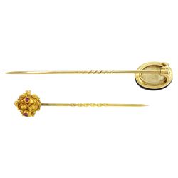 19th century 14ct gold black glass stick pin,with applied gold old cut diamond cross, glazed back with detachable pin and one other gold ruby stick pin with cannetille decoration
