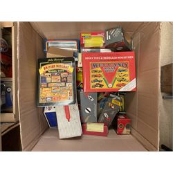 Various makers - small quantity of unboxed and playworn die-cast models including military vehicles by Lone Star, Britains etc; Tri-ang Scalextric Porsche racing car; two die-cast model reference books; and large quantity of empty die-cast model boxes
