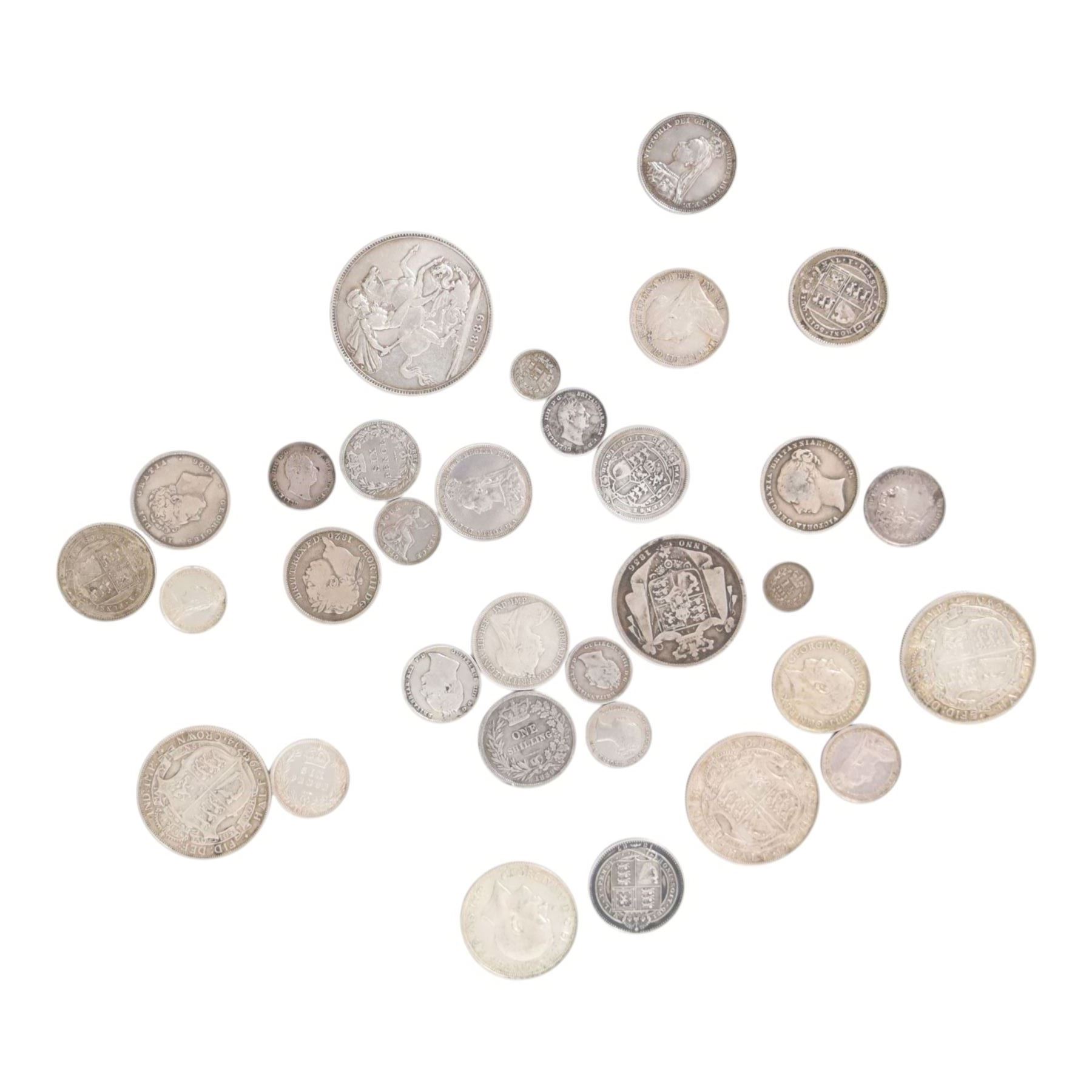 Approximately 191 grams of Great British pre-1920 silver coins, including Queen Victoria 1889 crown, George IIII 1836 half crown, George IV 1826 shilling, two George III shillings 1817 and 1820, George III 1817 sixpence, three George IIII maundy fourpences 1836 (2) and 1837, two Queen Victoria maundy fourpences 1840 and 1845, George III 1835 one and a half pence, Queen Victoria 1843 one and a half pence, etc