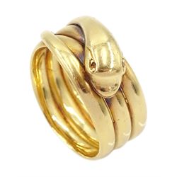 Victorian 18ct gold coiled snake ring, with a diamond set eye by Vaughton & Sons, Birmingham 1885