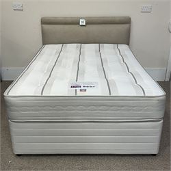 Divan double bed and headboard, upholstered in grey fabric, together with mattress 